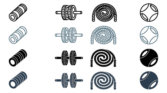 Collection of fitness equipment icons: foam roller ab wheel battle rope and medicine ball designs