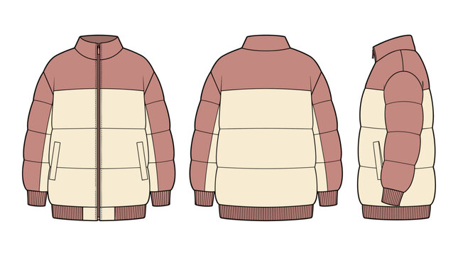 Technical sketch of a cozy puffer jacket in two-tone design offering warmth and modern style