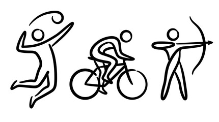 Naklejka premium Dynamic sport pictogram collection featuring volleyball cycling and archery in bold line art style