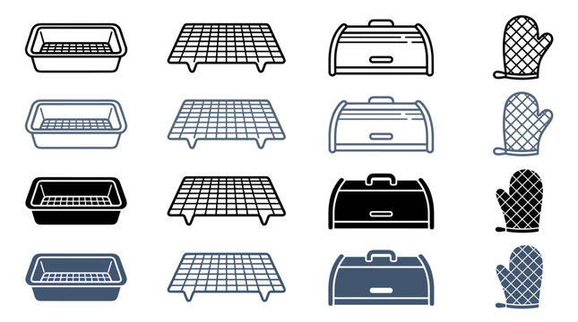 Collection of kitchen items: loaf pans cooling racks bread boxes and oven mitts in various styles