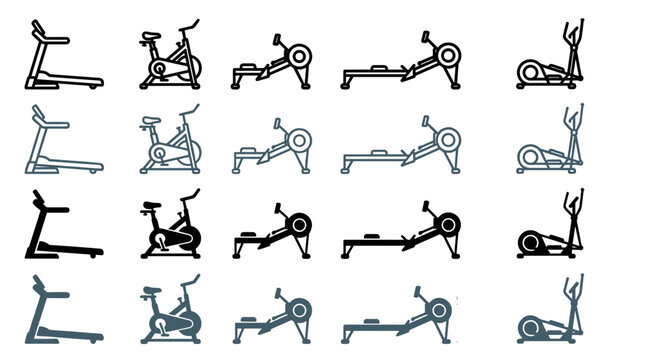 Collage of different cardio exercise equipment icons in various styles isolated on a