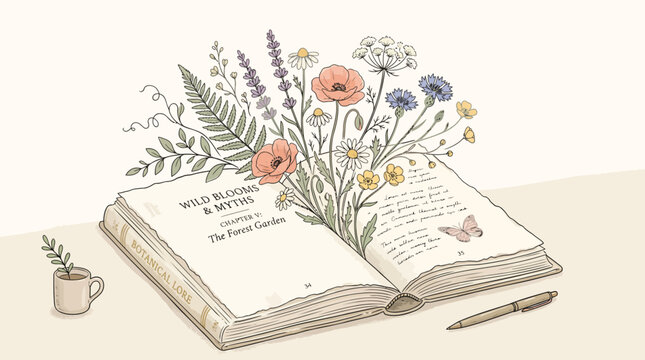 Floral book illustration, open book with flowers, inspirational quote, botanical art, journal page