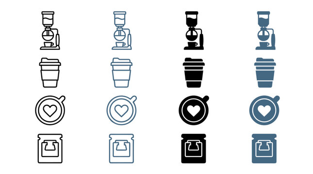 Minimalist Coffee Icons Set: Grinder Cup Latte Art and Sachet Illustrations in Various Styles