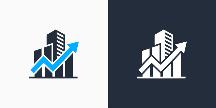 Vector logo design of building and growth arrow with modern, simple, clean and abstract style.