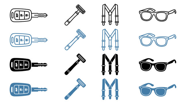 Collection of everyday items: car keys razor suspenders and eyeglasses in various styles