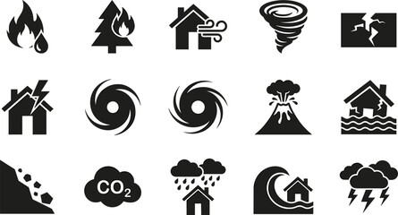 Obraz premium Natural Disaster Icon Set with Earthquake, Wildfire, Hurricane, Flood, and Volcano Eruption Symbols for Weather Forecasting, Emergency Alerts, and Climate Change Infographics