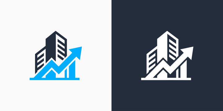 Vector logo design of building and growth arrow with modern, simple, clean and abstract style.