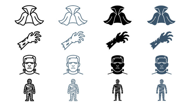 Set of Spooky Monster Costumes Cape Zombie Hand Classic Creature and Mummy Icons
