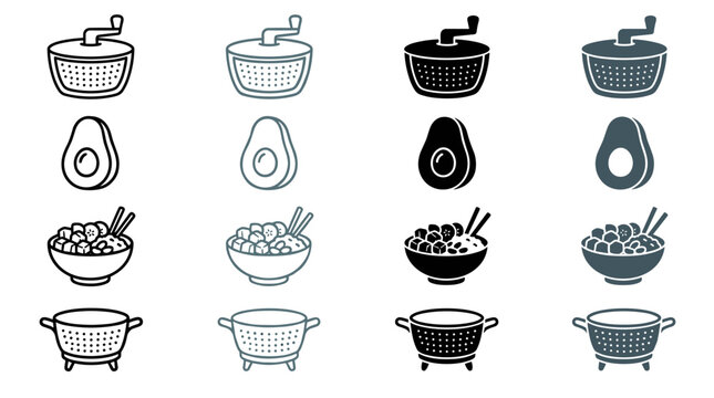 Collage of kitchen tools and food icons: salad spinner avocado rice bowl and colander set