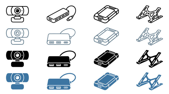 Collection of Computer Accessories Icons: Webcams USB Hubs External Drives and Laptop Stands