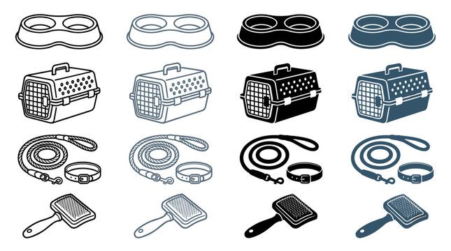 Essential Pet Care Icons: Bowls Carriers Leashes Brushes &ndash; Variety of Styles for Animal Needs