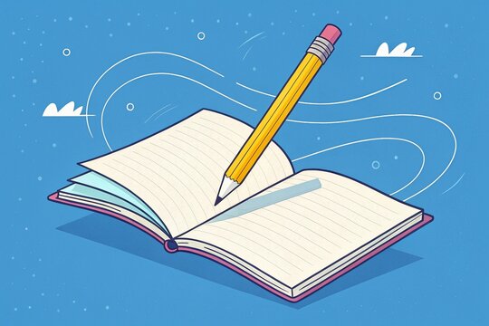Pencil rests on an open notebook to suggest the beginning of a creative writing or planning process.