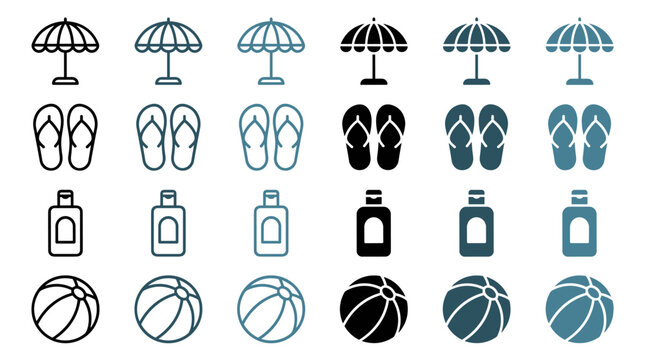 Summer Beach Holiday Icons Set with Umbrellas Flip-flops Sunscreen and Beach Balls