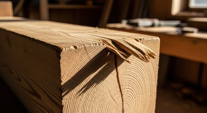 Close-up of a rough, splintered wood grain texture with a broken edge in natural light