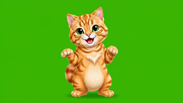 Cute cartoon orange tabby cat smiling and waving on green background
