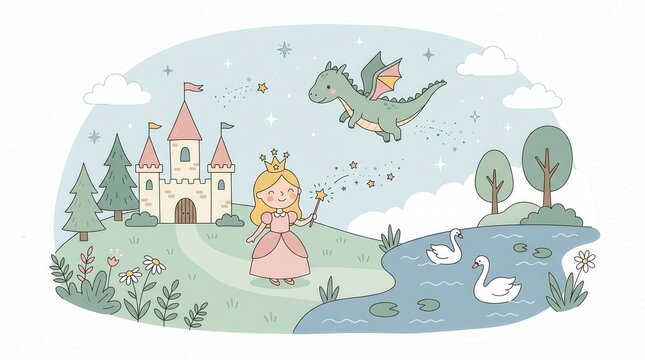 Happy princess with a magic wand and a flying dragon near a castle with swans in a pond