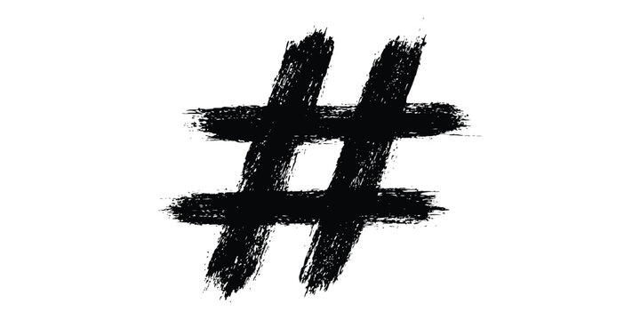 Hand painted black brush stroke hashtag symbol social media icon grunge texture graphic vector illustration.