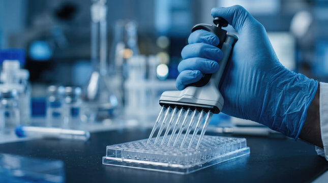 Hand in Blue Glove Using Pipette for Laboratory Experiments and Research