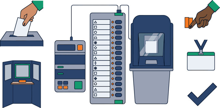 Electronic Voting Machine EVM and VVPAT System Vector Set with Polling Booth Ballot Box ID Card and Citizens Casting Votes for Election Day Designs