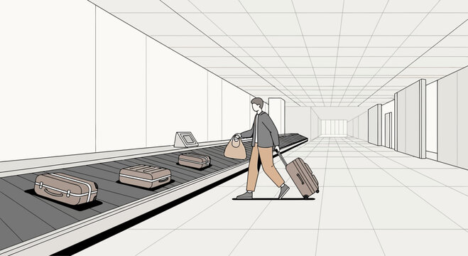 Airport Baggage Claim: Traveller With Suitcase And Bags Near Conveyor Belt