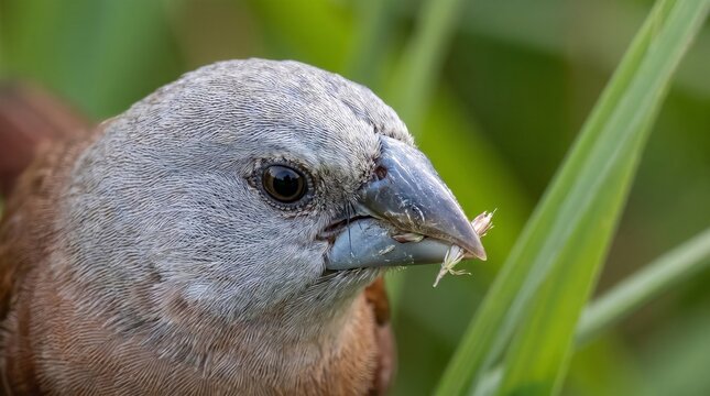 Close-up of a Scaly-breasted Munia with Grass in Beak