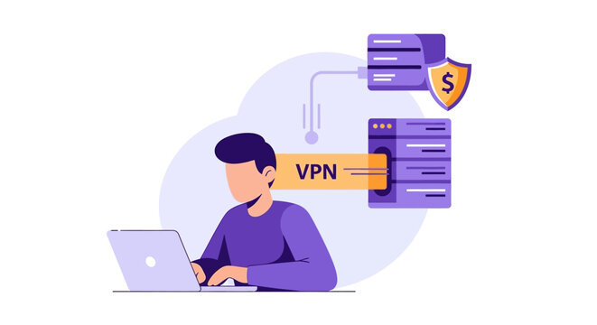 VPN Cybersecurity Illustration of User Connecting to Secure Server for Data Privacy and Online Payment Protection