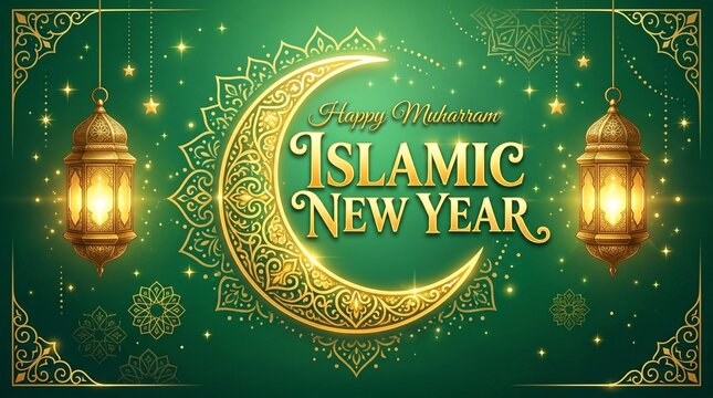 Happy muharram islamic new year greeting with gold lanterns