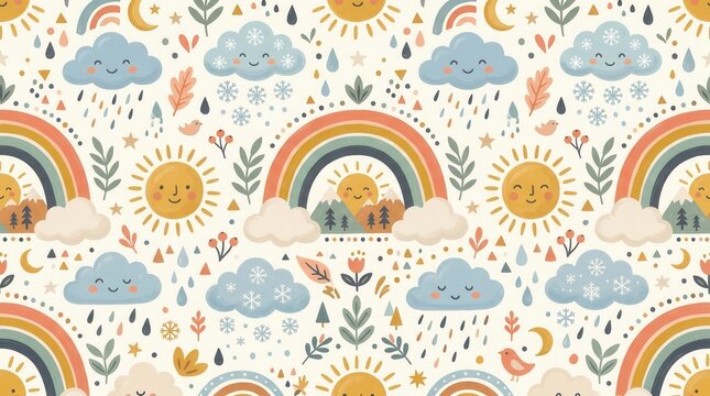 Seamless: smiling suns, clouds, rainbows, mountains, birds, forest
