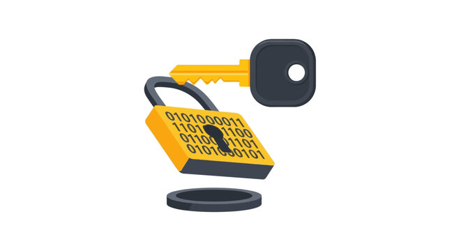 Digital Security and Cybersecurity Concept Featuring Golden Padlock with Binary Code and Key on White Background