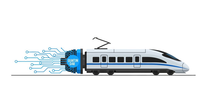 Futuristic High Speed Train with Quantum QAM Technology and Digital Circuit Board Design Concept for Data Connectivity and Modern Transportation