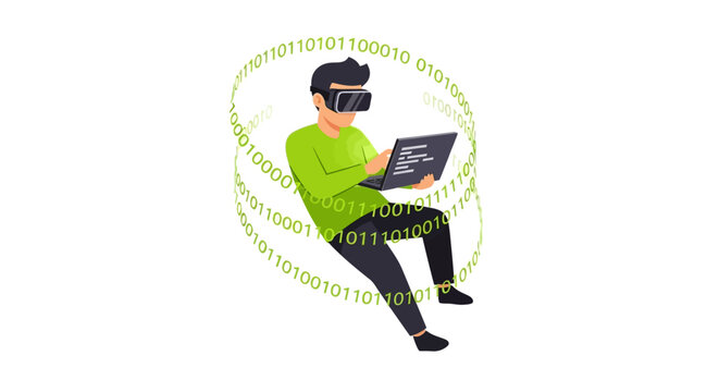 Programmer wearing VR headset working on laptop with binary code swirl, Metaverse and software development concept, vector illustration on white background.