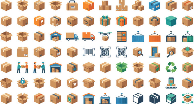 Cardboard box delivery logistics shipping vector icons mega set with modern warehouse cargo transport package distribution elements