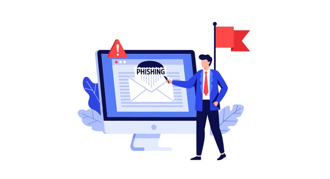 Cybersecurity Concept Illustration of a Businessman Identifying a Phishing Email Scam on a Computer Screen with Warning Icons and a Red Flag