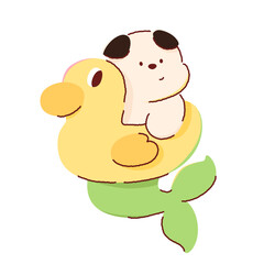 Fototapeta premium Kawaii little dog sitting on a duck swimming ring, doodle art style.