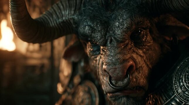 Close-up of a Minotaur breathing heavily inside a dark stone maze, warm torchlight reflecting across detailed horns and armor, mythological realism atmosphere