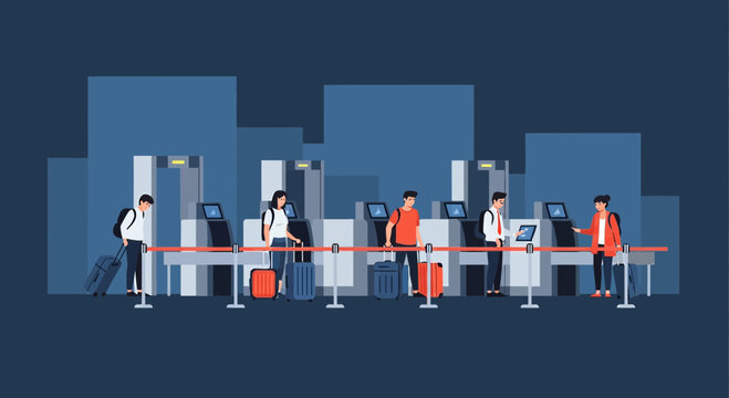 Airport Check-in Counter Scenes with Travelers and Luggage