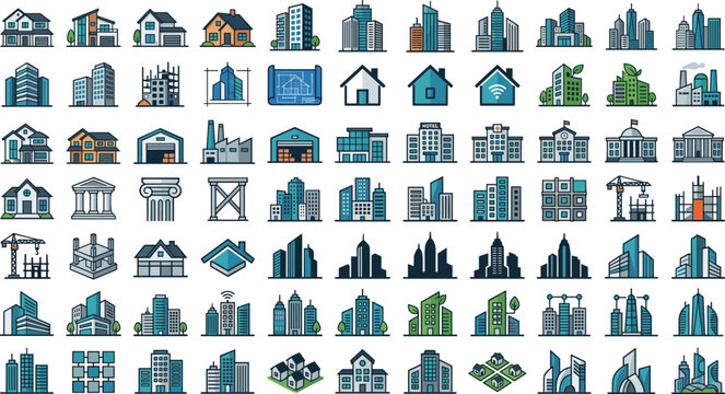 Buildings real estate architecture vector icons mega set with modern city skyscraper houses construction blueprint logo templates