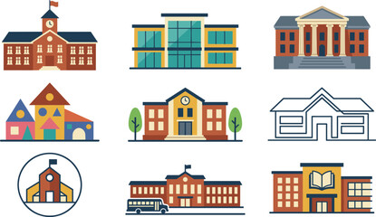 Naklejka premium School building vector icon set with modern education architecture campus elements for creative stock design templates