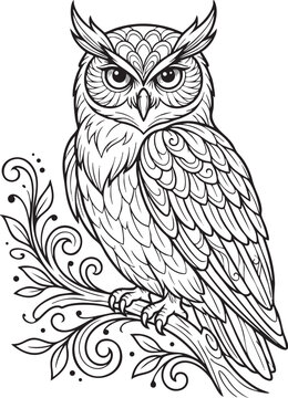 Ornamental owl perched on tree branch line art, detailed zentangle mandala vector illustration for adult coloring book page.