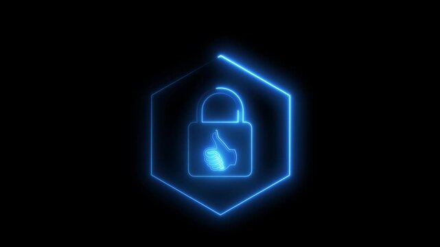 Glowing neon cyan cyber security padlock symbol with shield inside hexagon on black.