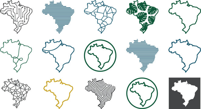 Brazil map icon set with tech lines geometric pattern foliage global and fingerprint concept vector illustration isolated
