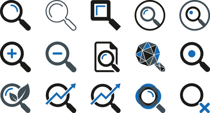 Magnifying glass search icon set with research analysis data plus minus zoom and growth arrow vector illustration