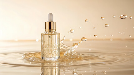 Naklejka premium Hydrating skincare serum bottle with water splash, luxury cosmetic essence, beauty treatment advertising, premium skincare product and wellness concept