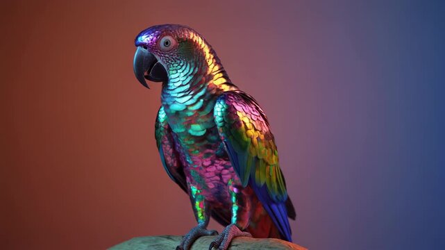 Colorful iridescent parrot bird with holographic metallic plumage.
