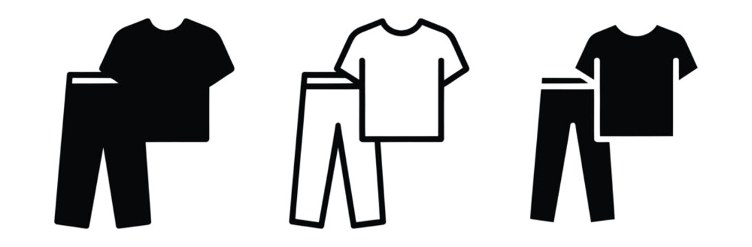 Three pairs of clothing icons including black and white shirts with pants on a clean background for design and fashion use