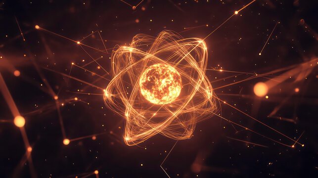 A glowing orange atom with electrons orbiting the nucleus, surrounded by connected glowing dots in a dark background.