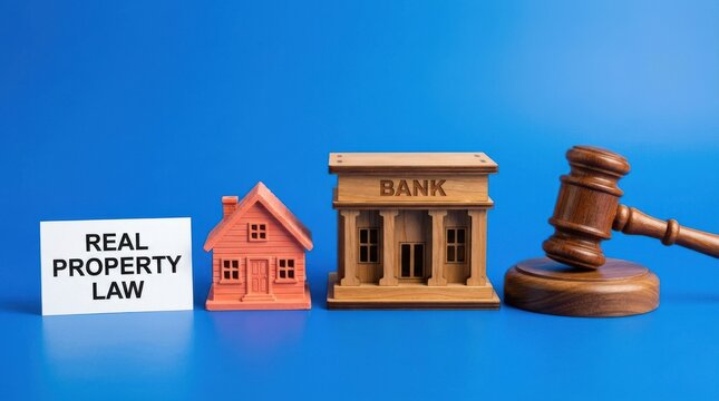 Real property law concept with wooden house model, bank building and judge gavel, mortgage litigation and foreclosure legal services on blue background