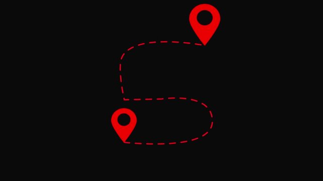 Route Map Path with Red Location Pins on Black Background for Navigation and Travel Concepts.