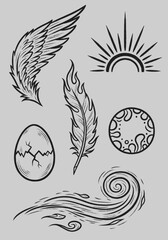 Obraz premium Hand-drawn vector illustration set depicting symbolic elements like a feathered wing, a burning plume, a cracked egg, a rising sun, an abstract planet, and swirling wind