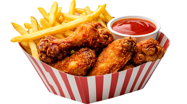 Mixed fried chicken pieces and french fries with ketchup in a striped bucket.